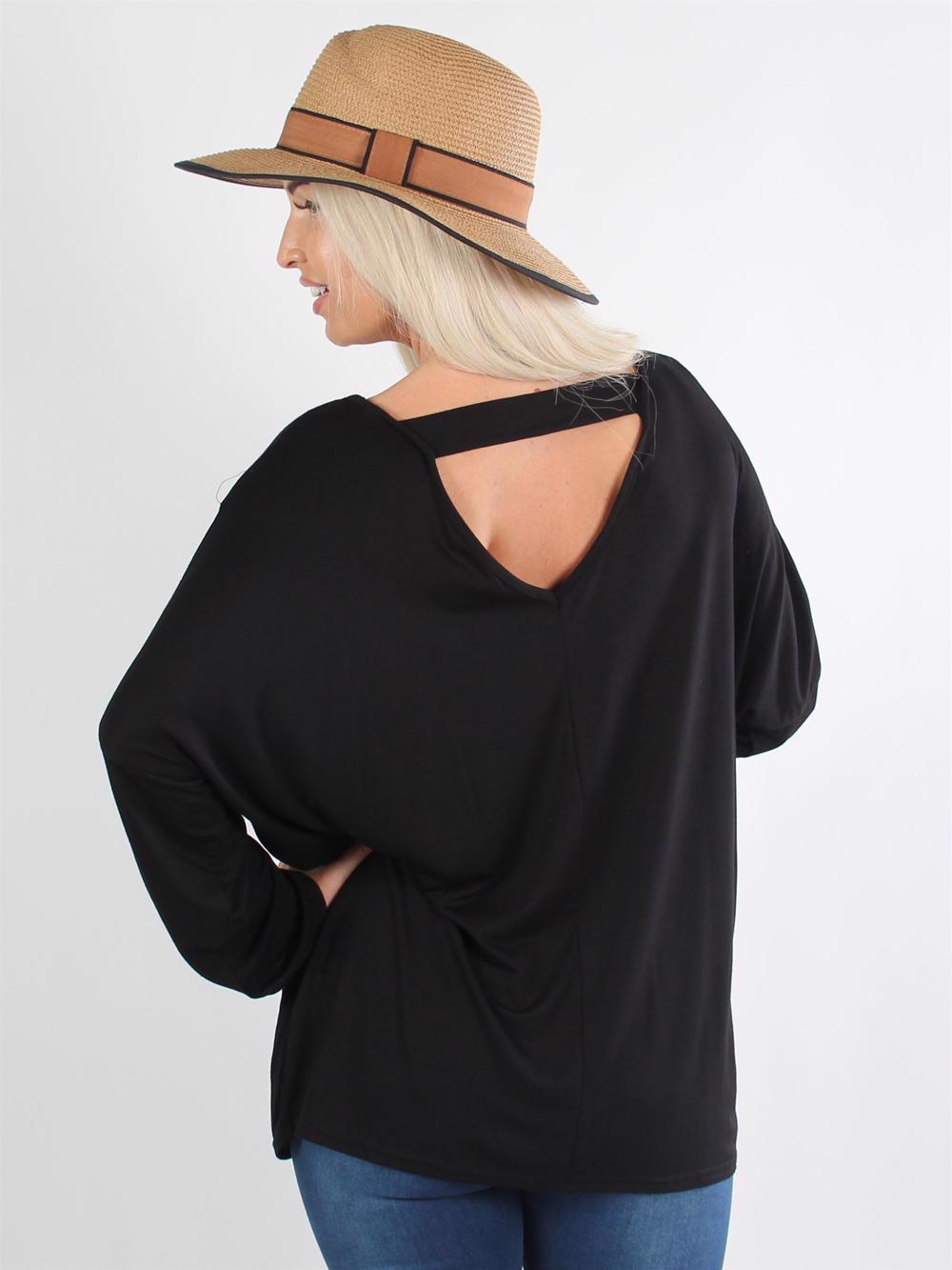 Elodie Winter - Sort langærmet bluse med lille V i ryggen